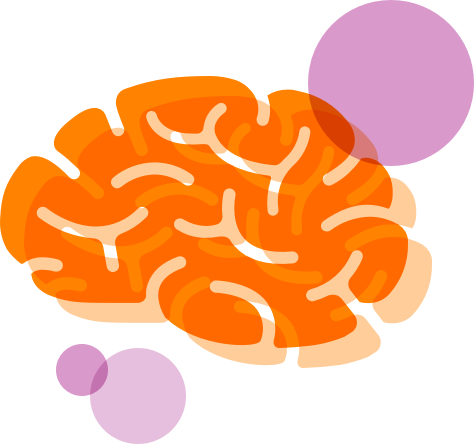 Orange brain graphic with purple circles